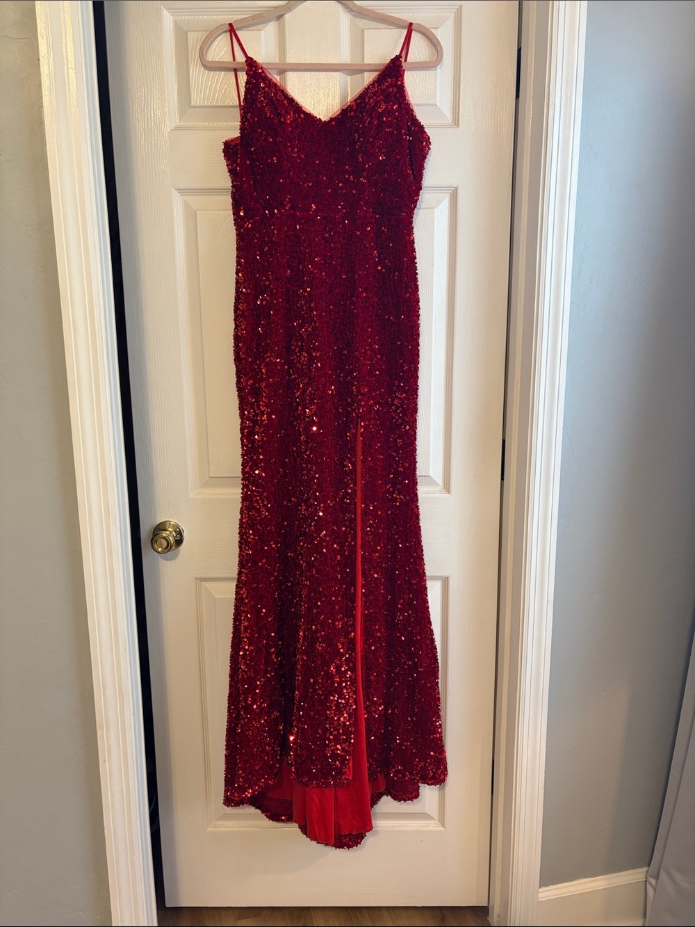 Red Sequin Spaghetti-Strap Prom Gown